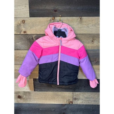 CAT & JACK Toddler Girls  Pink Color Block Winter Coat Jacket w Mittens Size 3T
