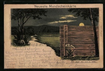 Mondschein-Lithographie Weg in einer Landschaft mit Blick auf Bergkette, Halt g 
