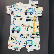 NEW Baby Boy Carters 12 mo Romper Car Plane Helicopter Bus Print White