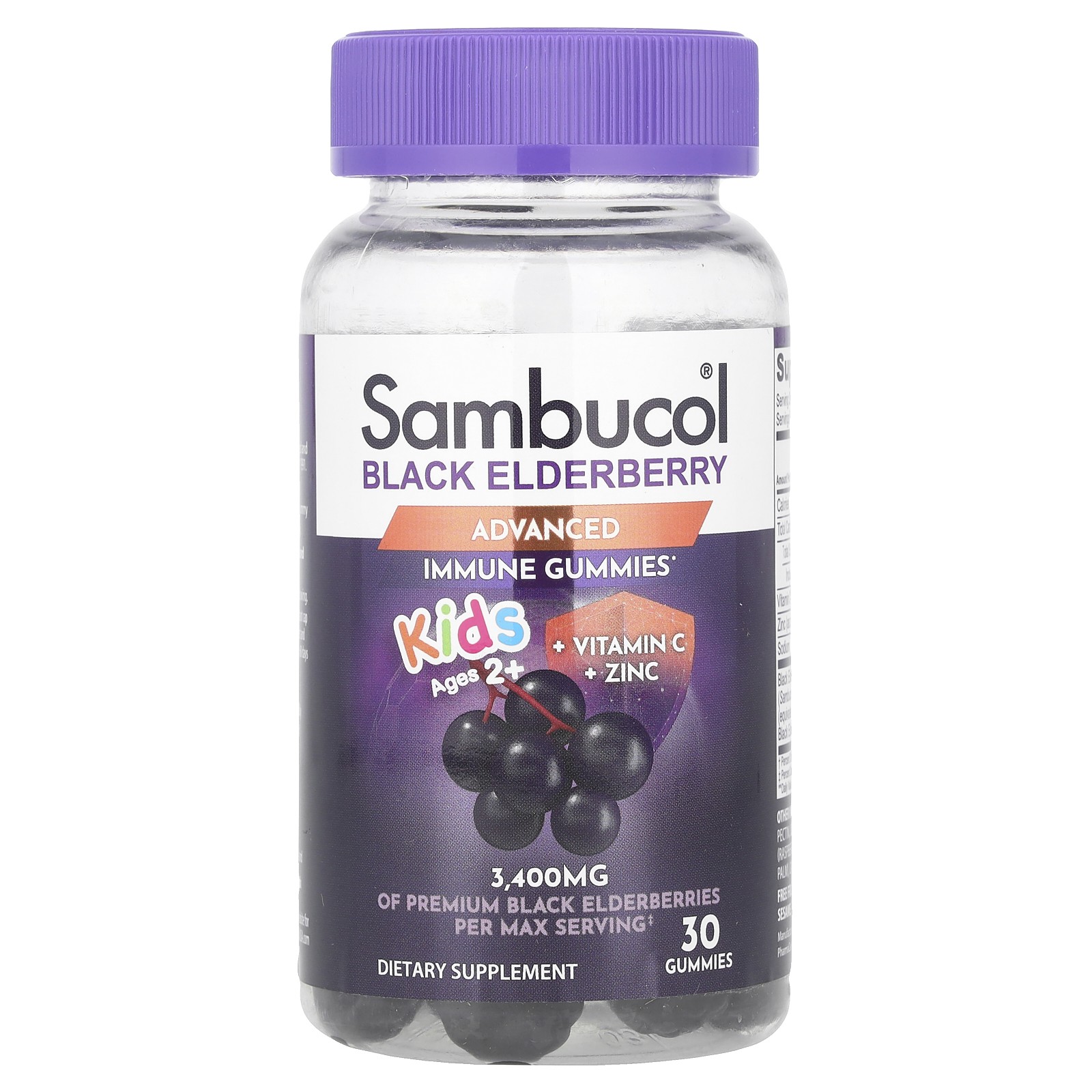 Kids Black Elderberry Gummies + Vitamin C  + Zinc, Ages 2+, 30 Gummies