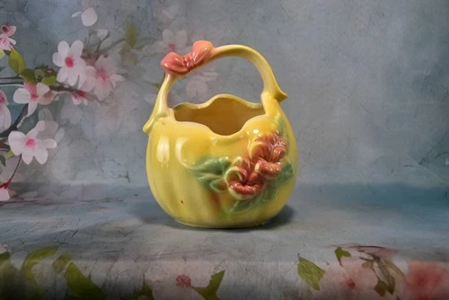 Hull Pottery Sunglow Basket 84 Vintage 1950s Pink Yellow Floral Butterfly