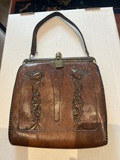 Antique Arts and Crafts Art Nouveau Hand Tooled Leather Handbag Purse 1900s