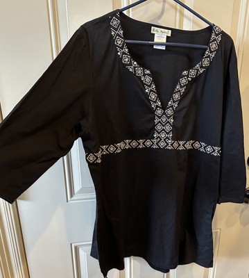 Ulla Popken Womens Black Blouse Plus Size 20/22 Embroidery Beaded PopOver V Neck