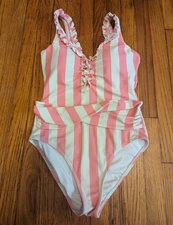 Sweet Honey Clothing Women's Small Pink Stripe One Piece Ruffle Swimsuit Classic