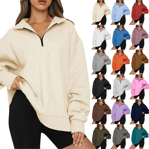 Womens Oversized Half Zip Pullover Long Sleeve Sweatshirt Hoodie Sweater Blouse - Picture 3 of 75
