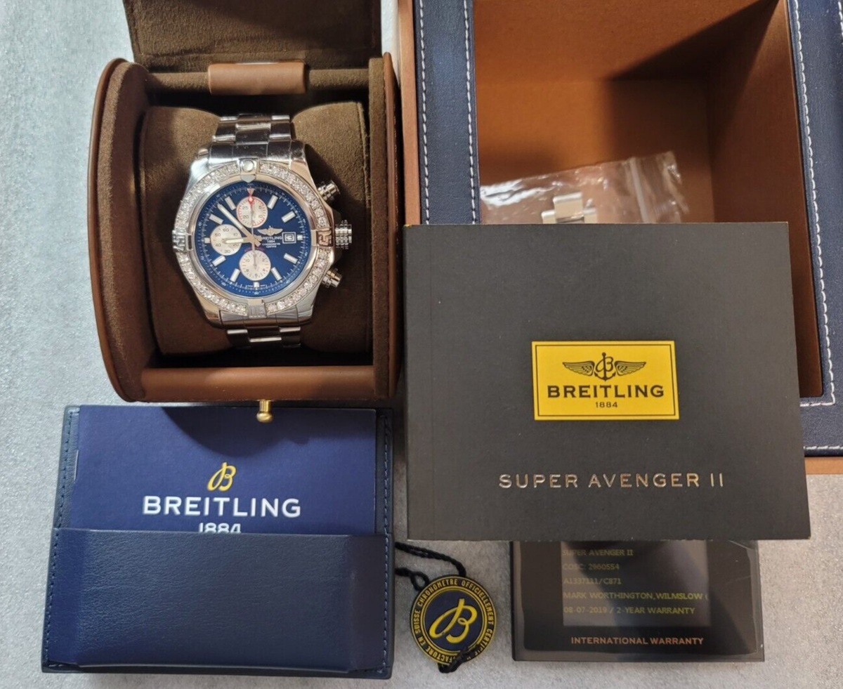 Breitling Super Avenger II, A13371, 40 Diamond Bezel, Blue Dial
