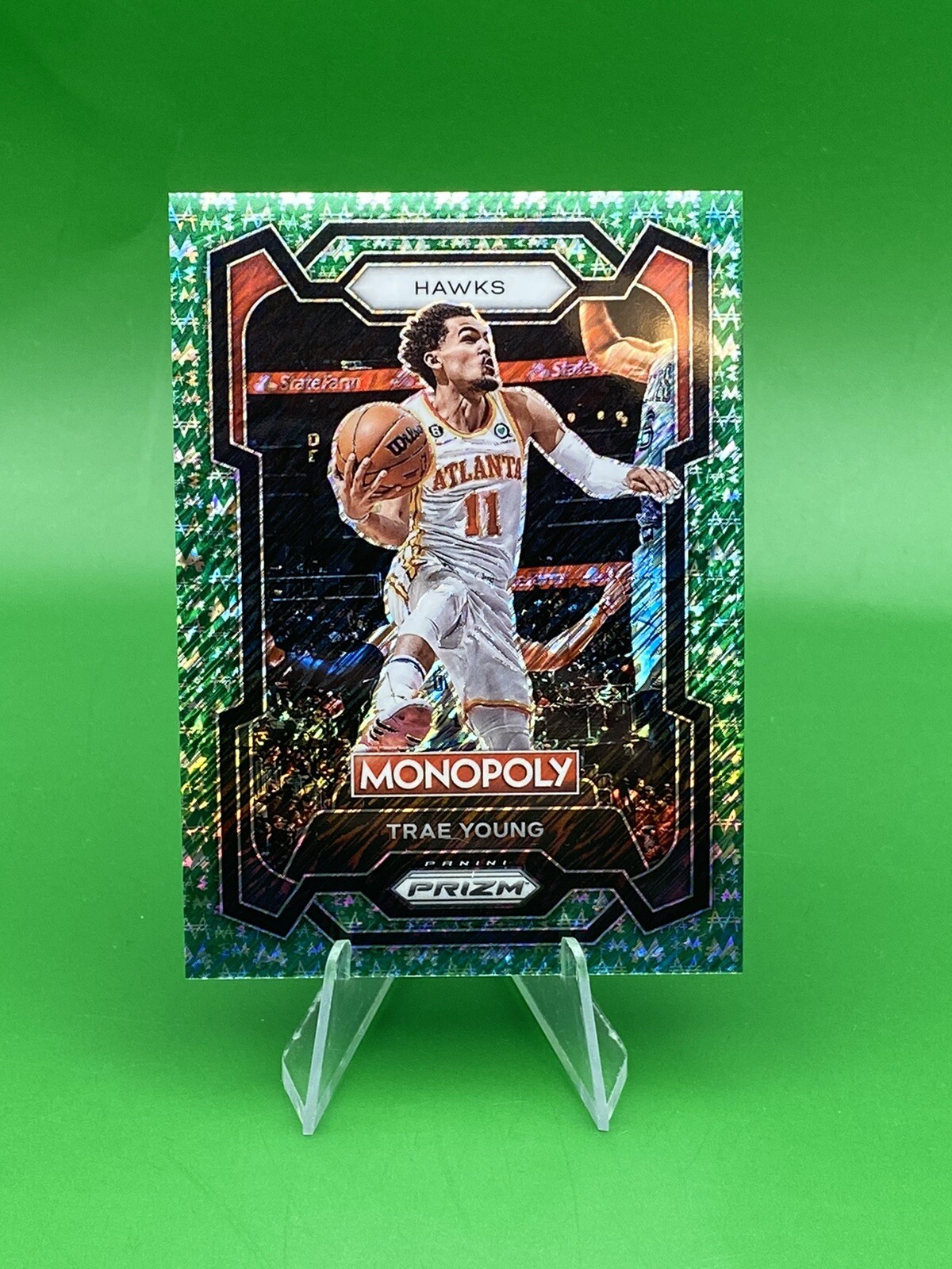 2023-24 Prizm Monopoly 🚨# 02 /20 Trae Young Green Millionaire Shimmer #4 Hawks
