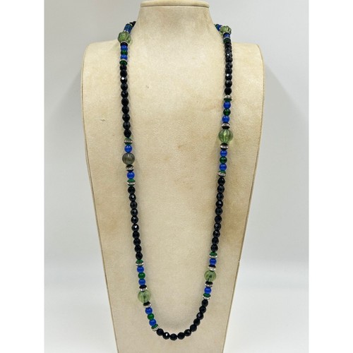 Beautiful Long Black & Green Necklace Melon Shaped Beads Rhinestones Rondelles