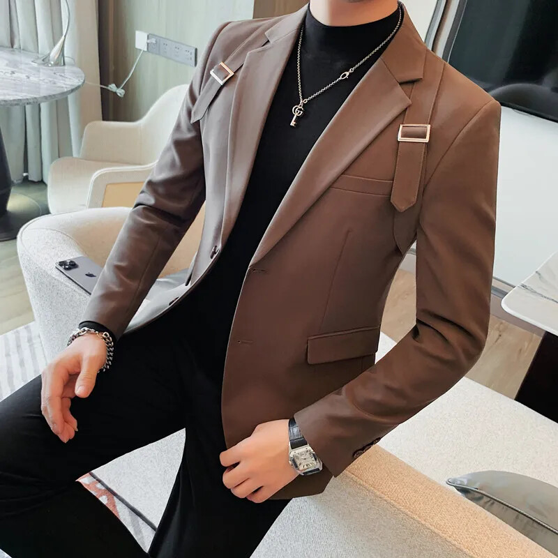 Men Shoulder Strap Design Blazer Jacket Two Buttons Slim Fit Coat