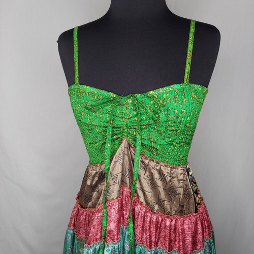 Seasons Silk Dress Large Romantic Smocked Strappy Tier Ruffle Stripe Sweetheart - Picture 2 of 6