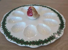 VTG Deviled Egg Plate Painted 3D Chicken Christmas Scalloped Serving Platter 11"