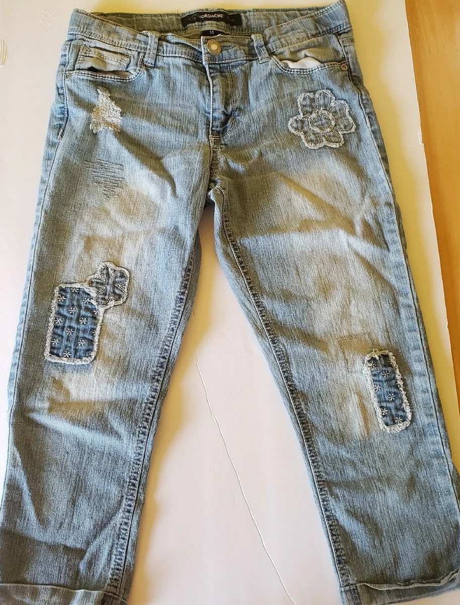 Jordache Jean Capris Size 14 Girls Blue Denim Patches Cute