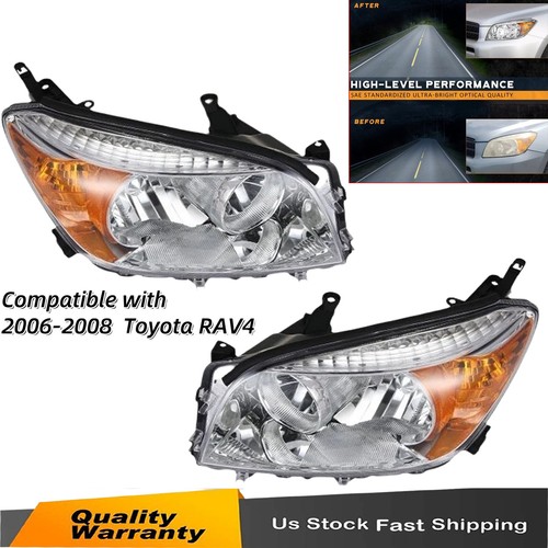 For 06-08 Toyota RAV4 Headlight Lamps Assembly Amber Lens Chrome Housing USA
