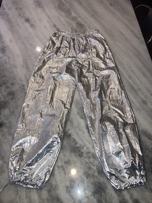 Zara Silver Foil Parachute Pants Baggy High Rise Pockets Harem Women s Sz S NWOT