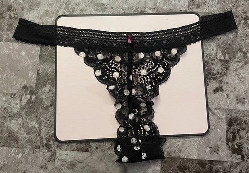 VICTORIA'S SECRET PINK L WHITE POLKA DOT LACE RARE MINI CHEEKSTER THONG PANTIES - Picture 5 of 5