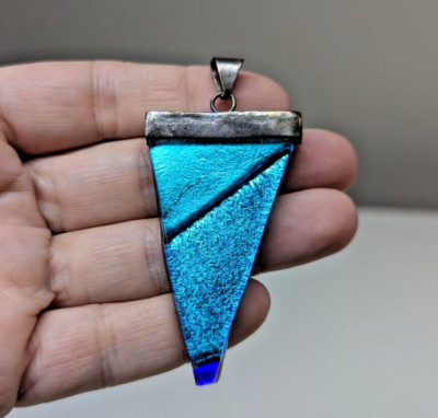 Vintage 90s Sterling Artisan Blue Dichroic Fused Art Glass Shard Pendant
