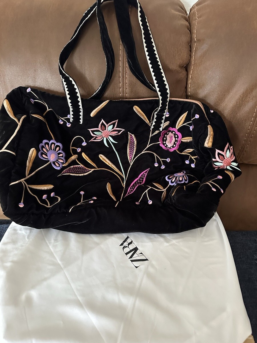 zara QUILTED VELVET TOTE BAG WITH SILK EMBROIDERY UK