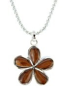 Hawaii Plumeria Flower Pendant - Hawaii Koa Wood, Rhodium on Brass, 20" Necklace