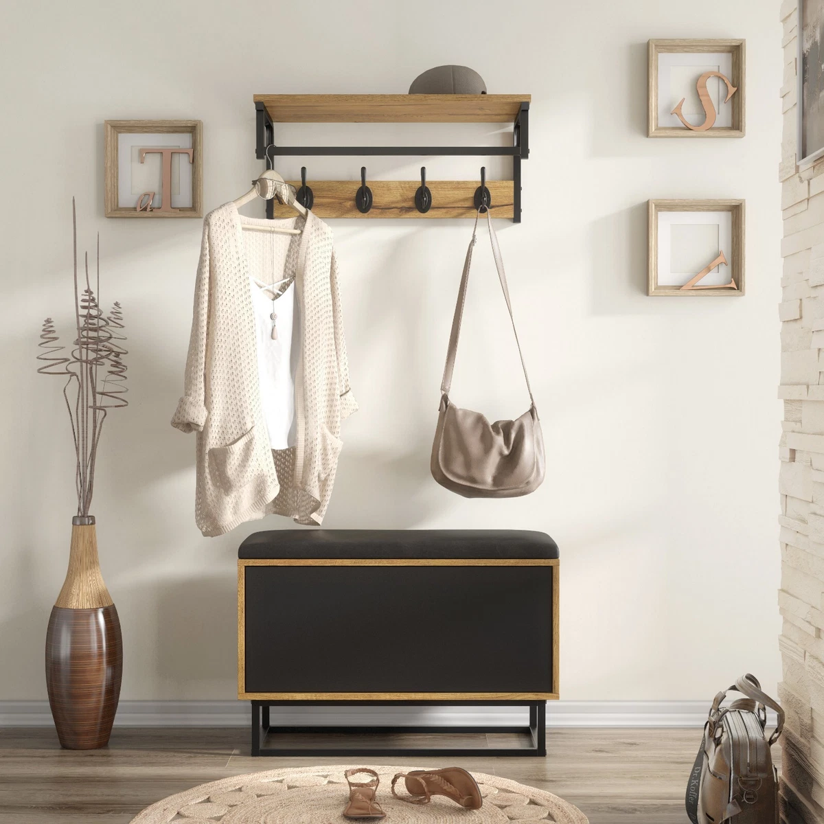 Hallway Coat Rack 4 Hooks Shoe Storage Cushion Padded Bench Seat Entryway