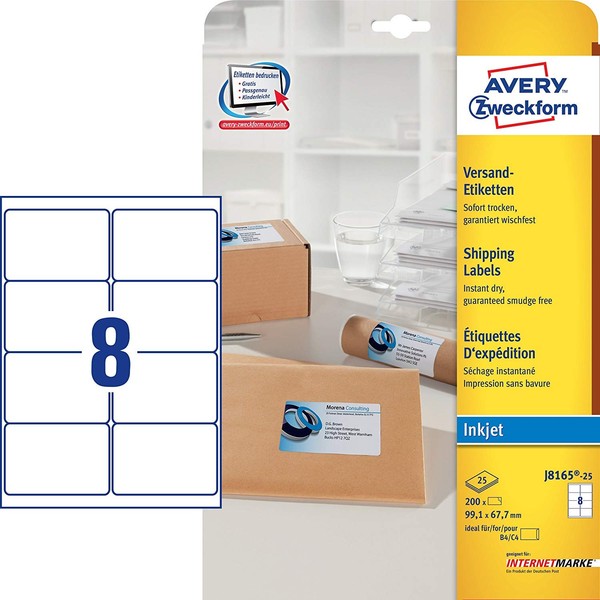 Avery Zweckform Inkjet Versand Etiketten 99,1 X 67,7 Mm Weiß 200 Etiketten-image