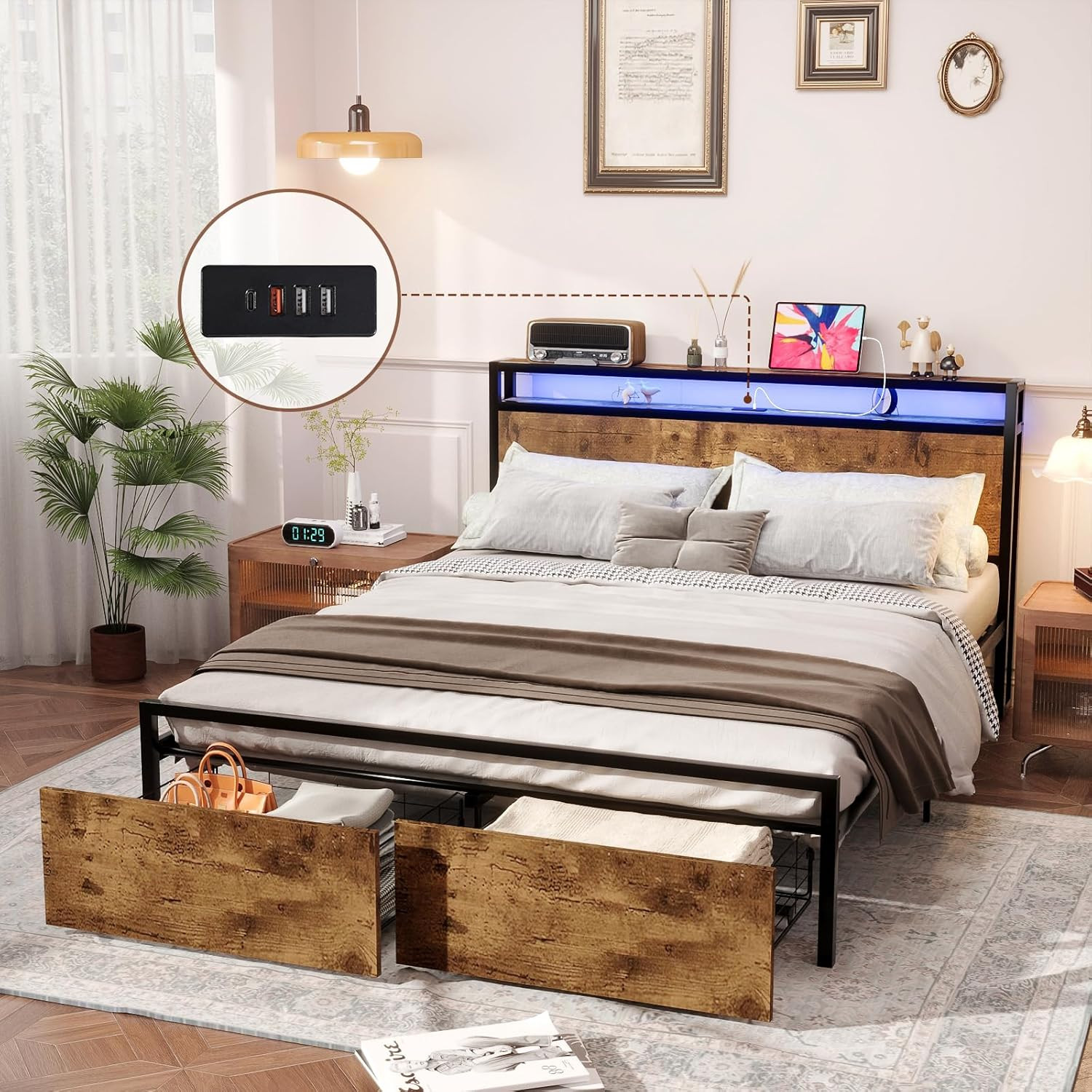 With 2 Drawers & Usb Ports, No Box Spring Neede