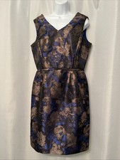 Tahari Arthur Levine Dress 10 metallic sheath blue bronze knee length sleeveless