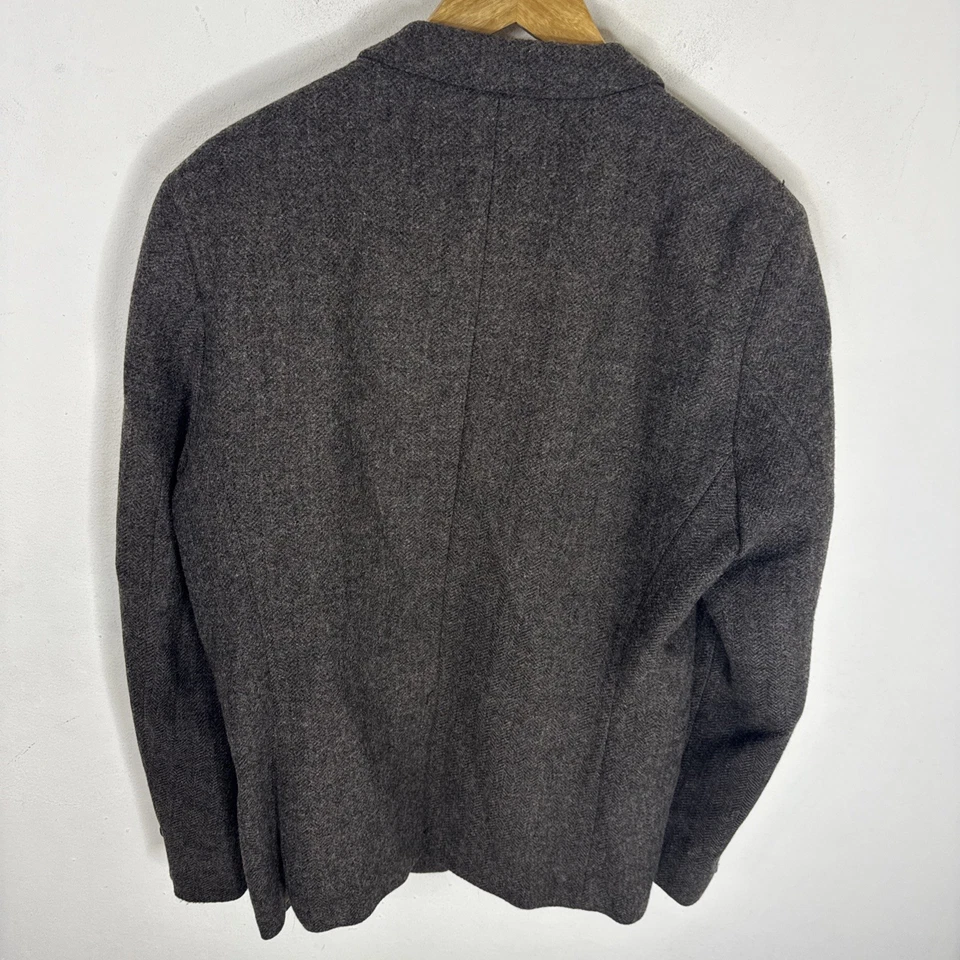 Diesel Wool Tweed Blazer Men L Brown Herringbone Leather Trim Gold Lining - Image 3 of 4