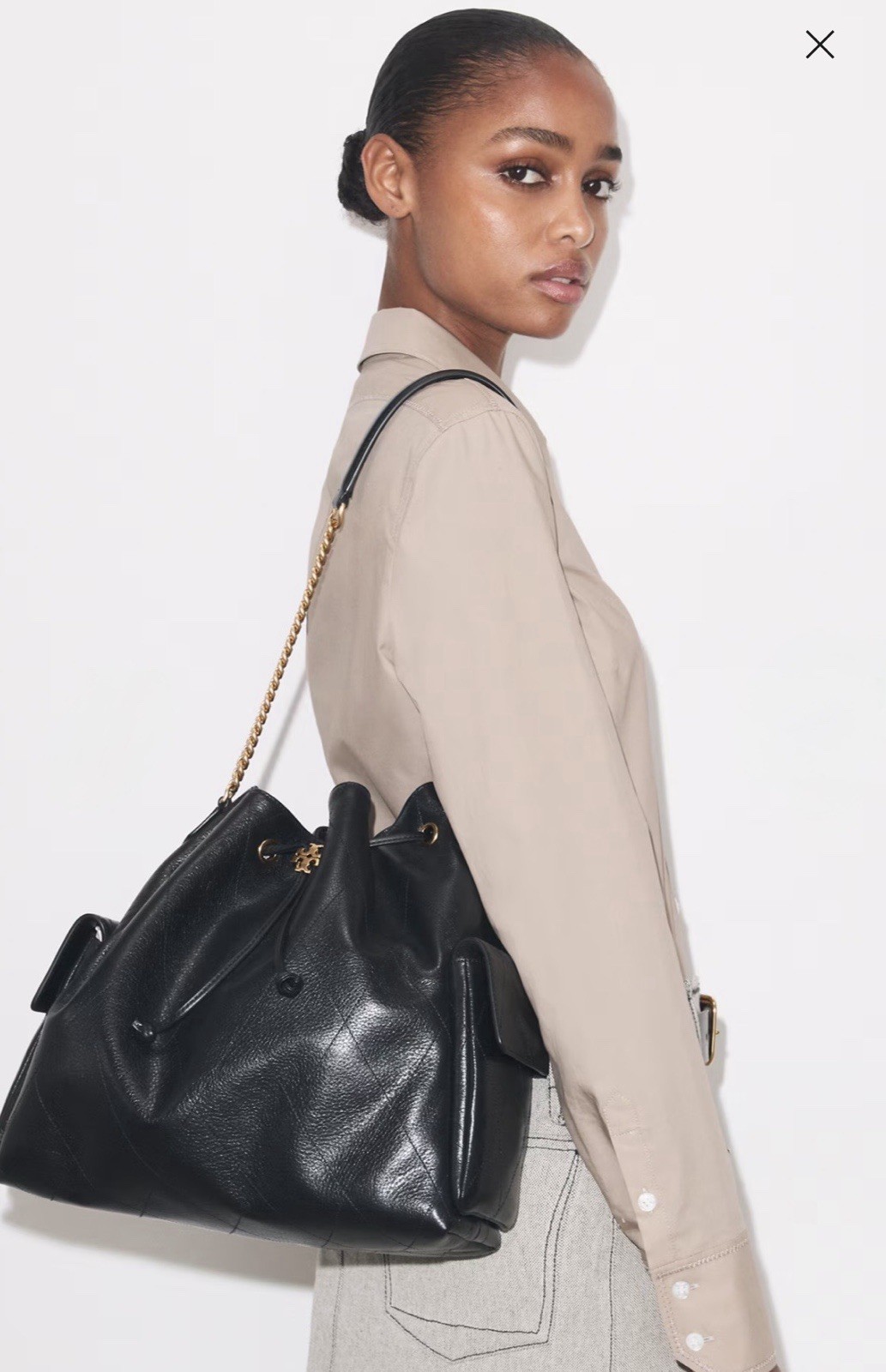 Tory Burch Charlie Quilted Drawstring Bag Large Black Gold Chain Dust SOLDOUT image 2