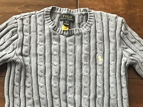 Polo Ralph Lauren Lt Blue White Pony Girls Small Long Sleeve Cable Knit Sweater - Picture 3 of 8