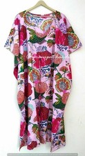Indian Pink Long Fruit Print Cotton Hippie Maxi Women Nightwear Caftan Dress