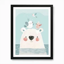 Polar Bear With Birds Art Print Framed Wall Art Poster Canvas Print Picture