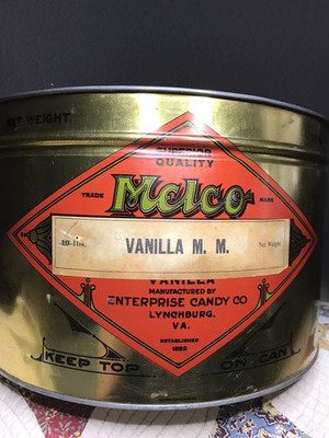 RARE Vintage Melco Confections Candy Tin ~ Large 12  Diameter ~ Vanilla M. M.