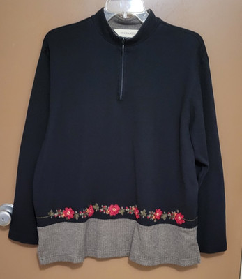 VTG Bechamel Womens Top Size L Black Floral Embroidery Herringbone Cottagecore