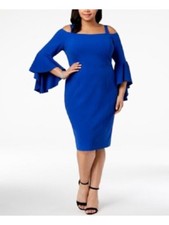 R&M RICHARDS Womens Blue Bell Sleeve Below The Knee Party Sheath Dress Plus 18W