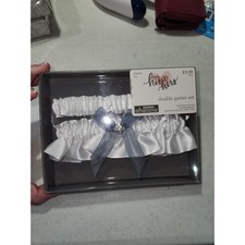 NEW White With Blue Bow  Jewel Double Garter Set by His  Hers Studio