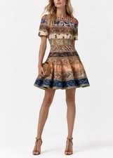 Zimmermann Devi Spliced Mini Dress Linen AU 0 Flared Patchwork Paisley Cut Out 4