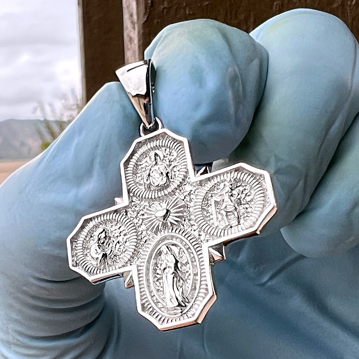 925 Sterling Silver Four 4-Way Cross Medal Medalla Milagrosa Miraculous  Pendant