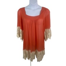 Umgee Dress Womens Size XL Coral Bohemian Cream Crochet Lace Hem & Sleeve Detail