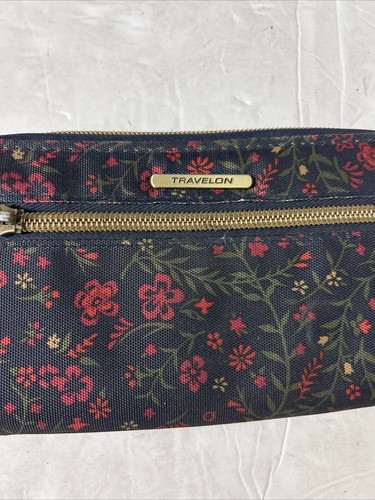TRAVELON RFID Protect Block Floral Credit Card Zip Wallet Wristlet Navy Red - Picture 3 of 15