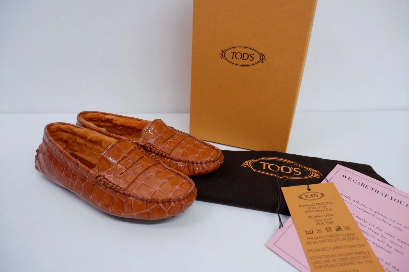 TOD’S TODS nuovi mocassini scarpe coccodrillo arancione taglia 2 UK 34 nuovi con etichette ballerina brevetto