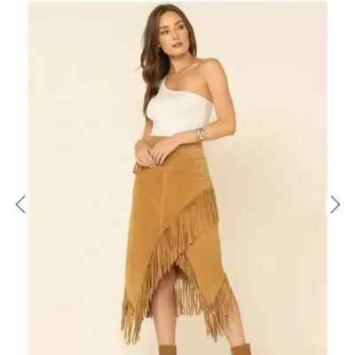 Native American Brown Suede Leather Fringe Western Midi Wrap Skirt