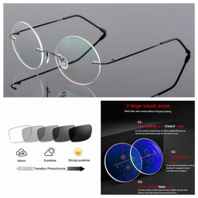 Multifocal Progressive Photochromic Rimless Reading Glass +1.0 ~+3.0