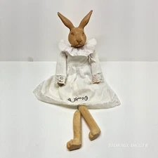 Vintage Wooden Hand Carved Bunny Rabbit Le Lapin Shelf Sitter in White Dress