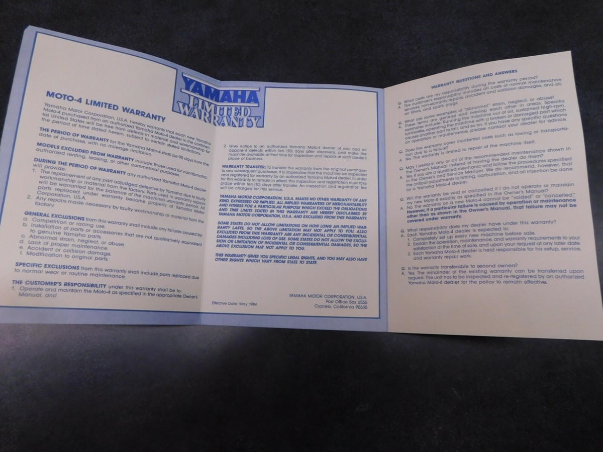 Yamaha Moto-4 Warranty Card 2330 | eBay