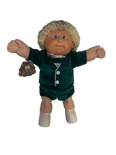 Vintage Cabbage Patch Doll Lemon Loop Hair Blue Eyes W/Green Velvet Suit Shoes