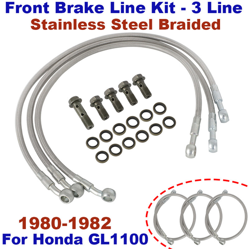 Kit Linea Freno Anteriore per Honda GL1100 1980-1982 Acciaio Inox Intrecciato 3 Line - Foto 1 di 12