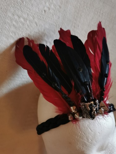 20's style black red FEATHER BOHO PLAIT HEADBAND HANDMADE electro punk Gatsby - Picture 3 of 5