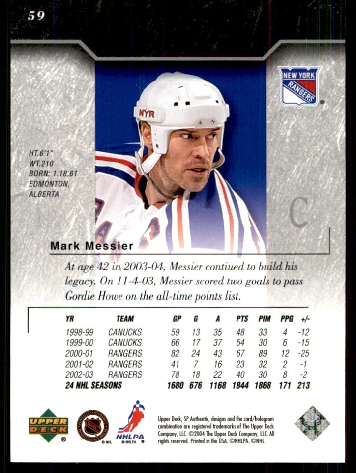 2003-04 SP Authentic Mark Messier New York Rangers #59 - Image 2 of 2