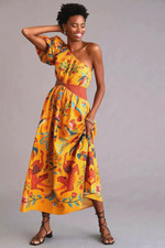 NEW Farm Rio Anthropologie L One-Shoulder Maxi Dress Tropical Parrots Gold 230$