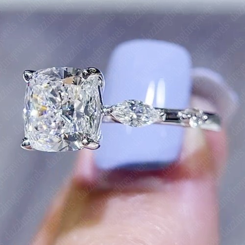 1.46 Ct Cushion & Marquise Cut Moissanite Engagement Ring 14k White Gold Plated - Picture 2 of 10